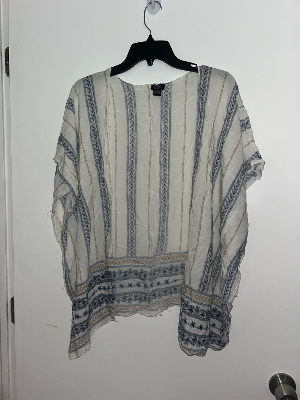 Sheer Embroidered Tunic Top - Cream & Blue